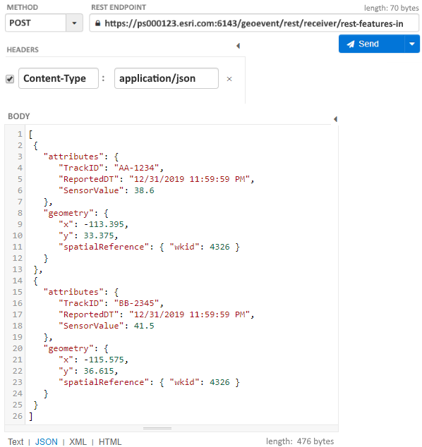 Feature JSON with two feature records, with point geometry, organized in an array.