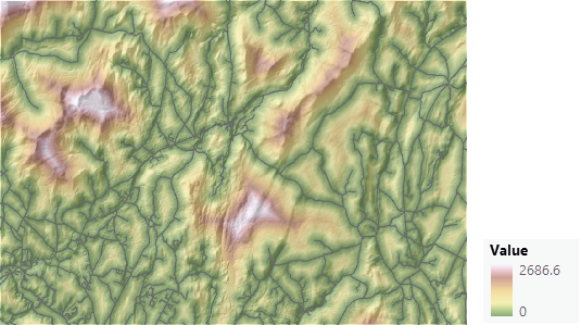 Map of distance from roads over a hillshade